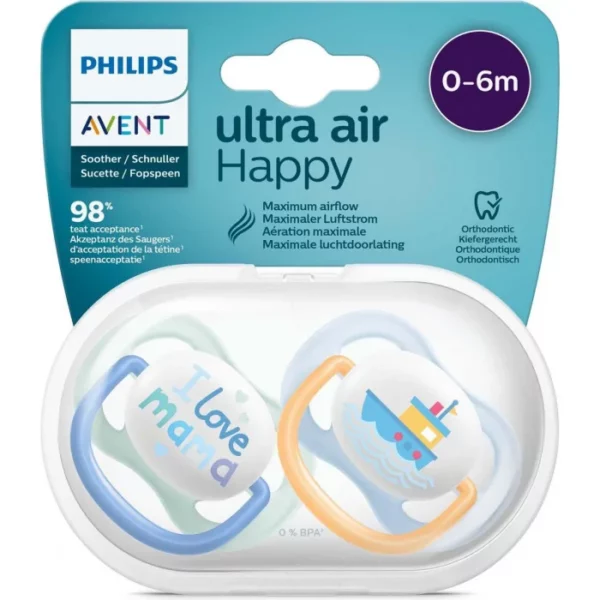 Sucette Avent Natural Ultra Air Happy 0-6mois Bleu