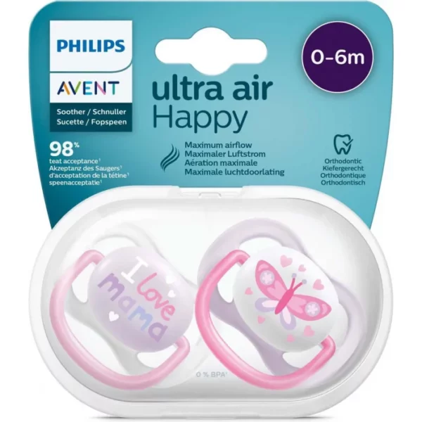 Sucette Avent Natural Ultra Air Happy 0-6mois Rose